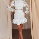 Right Moment Lace Overlay Frill Mini Dress White