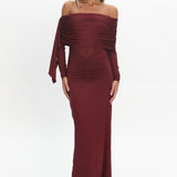 Marlowe Off-Shoulder Sheer Waist Maxi Dress Wine