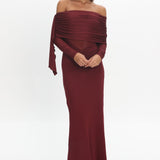 Marlowe Off-Shoulder Sheer Waist Maxi Dress Wine