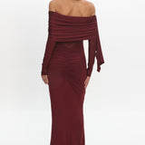 Marlowe Off-Shoulder Sheer Waist Maxi Dress Wine