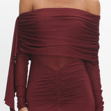 Marlowe Off-Shoulder Sheer Waist Maxi Dress Wine