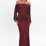 Marlowe Off-Shoulder Sheer Waist Maxi Dress Wine