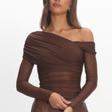 Christos Long Sleeve Asymmetric Top Chocolate