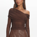 Christos Long Sleeve Asymmetric Top Chocolate