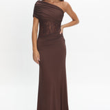 Mallorca Asymmetric Neckline Lace Maxi Dress Chocolate