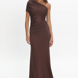 Mallorca Asymmetric Neckline Lace Maxi Dress Chocolate