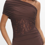 Mallorca Asymmetric Neckline Lace Maxi Dress Chocolate