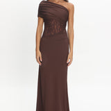 Mallorca Asymmetric Neckline Lace Maxi Dress Chocolate