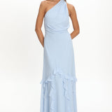 Lorielle One-Shoulder Ruffle Trim Maxi Dress Blue