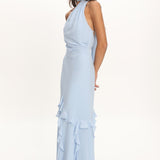 Lorielle One-Shoulder Ruffle Trim Maxi Dress Blue