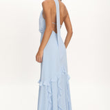 Lorielle One-Shoulder Ruffle Trim Maxi Dress Blue