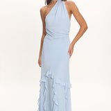 Lorielle One-Shoulder Ruffle Trim Maxi Dress Blue