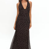 She's The Moment Plunging Halter Maxi Dress Polka Dot Brown