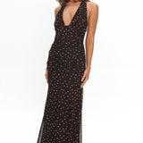 She's The Moment Plunging Halter Maxi Dress Polka Dot Brown