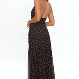 She's The Moment Plunging Halter Maxi Dress Polka Dot Brown