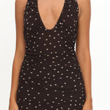 She's The Moment Plunging Halter Maxi Dress Polka Dot Brown