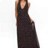 She's The Moment Plunging Halter Maxi Dress Polka Dot Brown