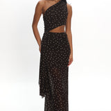 Viela One-Shoulder Cut-Out Maxi Dress Polka Dot Brown