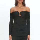 Anaelle Long Sleeve Off-Shoulder Mini Dress Black
