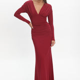 Gilded Long Sleeve Ruched Maxi Dress Wine