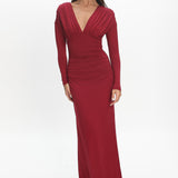 Gilded Long Sleeve Ruched Maxi Dress Wine