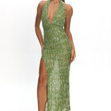 Sharisa High Slit Halter Maxi Dress Green