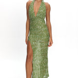 Sharisa High Slit Halter Maxi Dress Green