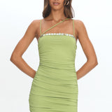 Denia Button Trim Ruched Mini Dress Green