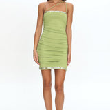 Denia Button Trim Ruched Mini Dress Green