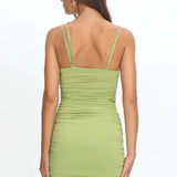 Denia Button Trim Ruched Mini Dress Green