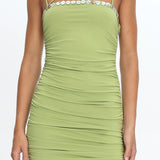 Denia Button Trim Ruched Mini Dress Green