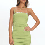 Denia Button Trim Ruched Mini Dress Green