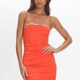 Denia Button Trim Ruched Mini Dress Tangerine