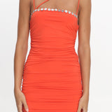 Denia Button Trim Ruched Mini Dress Tangerine