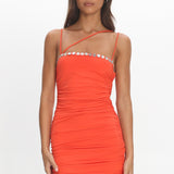 Denia Button Trim Ruched Mini Dress Tangerine