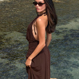 Entangled Backless Halter Maxi Dress Chocolate