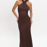 Karmella Ruched Halterneck Maxi Dress Chocolate