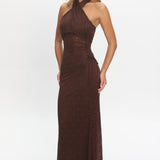 Karmella Ruched Halterneck Maxi Dress Chocolate