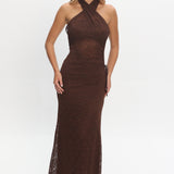 Karmella Ruched Halterneck Maxi Dress Chocolate