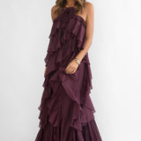 Secret Rendezvous Layered Ruffle Maxi Dress Maroon
