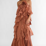 Secret Rendezvous Layered Ruffle Maxi Dress Rust