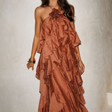Secret Rendezvous Layered Ruffle Maxi Dress Rust