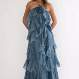 Oceara Ruffle Trim Spaghetti Strap Maxi Dress Slate Blue