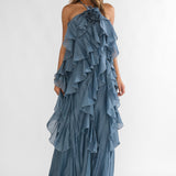 Oceara Ruffle Trim Spaghetti Strap Maxi Dress Slate Blue
