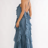 Oceara Ruffle Trim Spaghetti Strap Maxi Dress Slate Blue