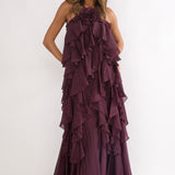 Secret Rendezvous Layered Ruffle Maxi Dress Maroon