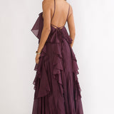 Secret Rendezvous Layered Ruffle Maxi Dress Maroon