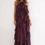 Secret Rendezvous Layered Ruffle Maxi Dress Maroon