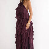 Secret Rendezvous Layered Ruffle Maxi Dress Maroon