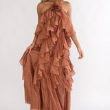 Secret Rendezvous Layered Ruffle Maxi Dress Rust